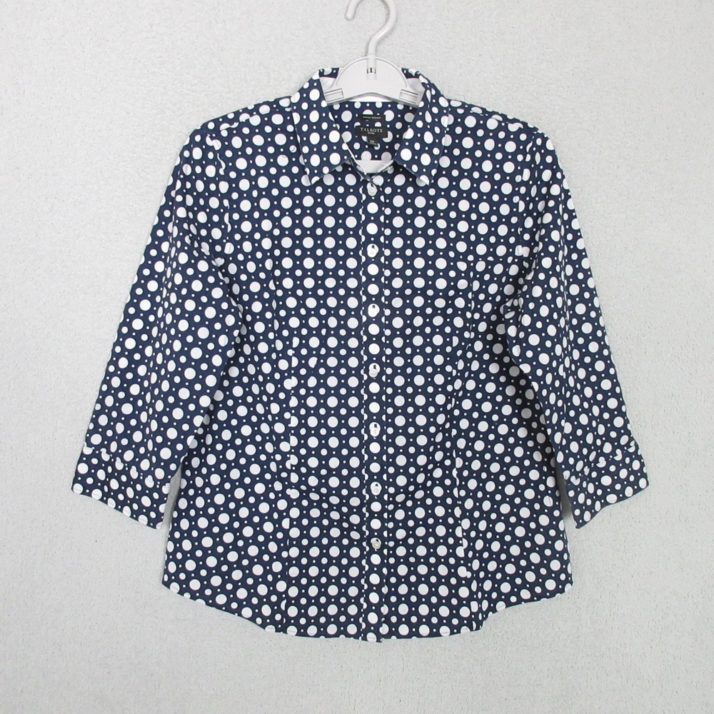 Talbots Button Down Shirt Womens 10P Navy White Polka Dot 3/4 Sleeve